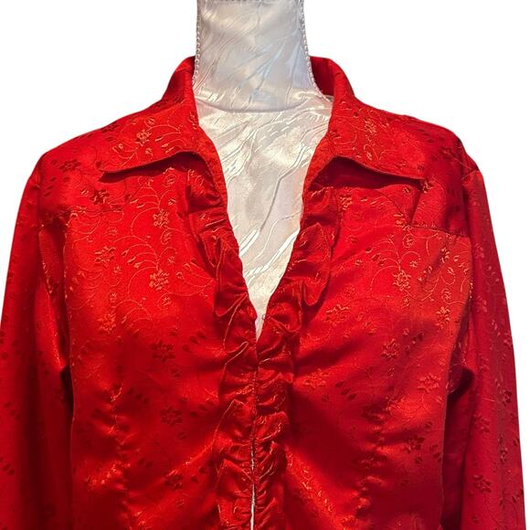 Vintage Panhandle Slim Red Satin Embroidered Floral Ruffle Shirt Womens Sz Large - Picture 5 of 16
